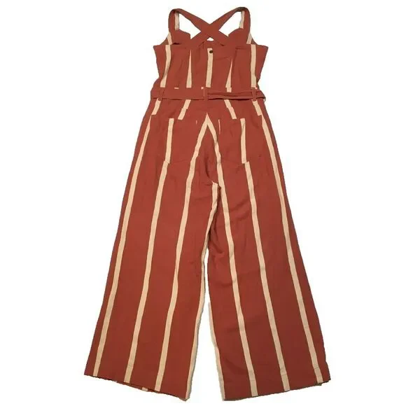 Billabong Womens 8 Sleeveless Linen Jumpsuit Stripe Crossfire Rusty Orange White - Picture 13 of 16